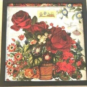 Red Flowers Bold Floral Handmade Collage Framed Wall Art Decor OOAK Picture